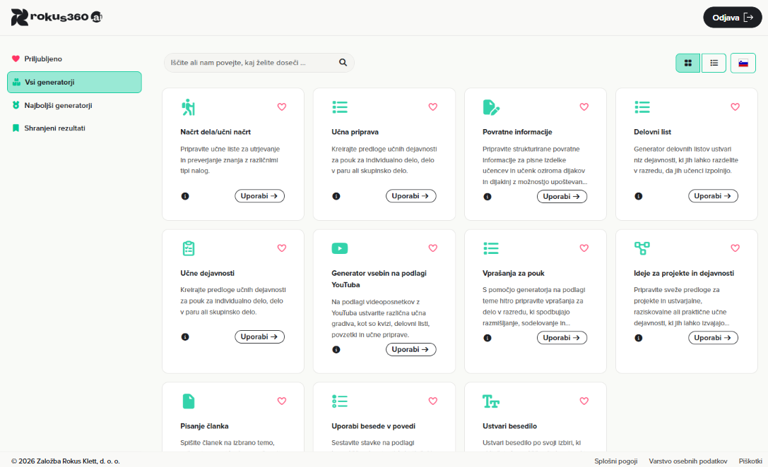 Prikaz osnovnega pogleda AI-pomočnika Rokus360.ai
